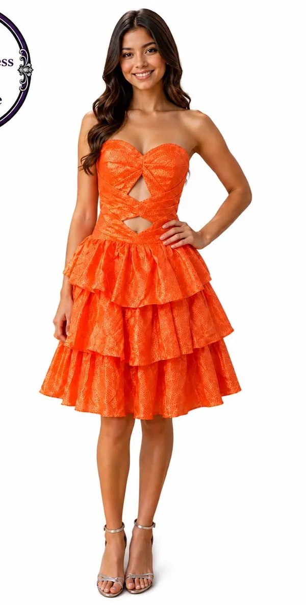 Boutique #25-4 Vibrant Orange sweetheart A line three ruffle tier silver dot-Size 0 (XS) - Image 13