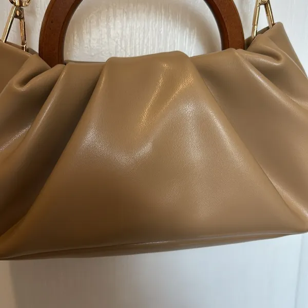 Tan Handbag with Wooden Handle Vegan Leather Adorable and Chic Crossbody Chain - Image 3