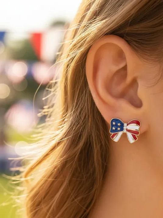 American Flag Bow Stud Earrings in Red, White & Blue Red - Image 3