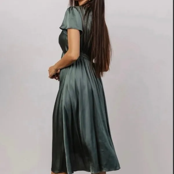 Baltic Born Poppy Satin Midi Dress Dark Sage Green V-Neck Peek Tie Front Size L - Image 7