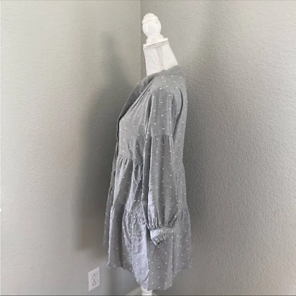 Zara Gray Swiss Dot Long Sleeve V-Neck Tiered Short Casual Dress Size XS - Image 4