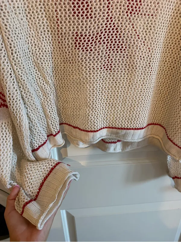 Off-Shoulder Cream Knit Sweater with Red Number Detail - Image 7