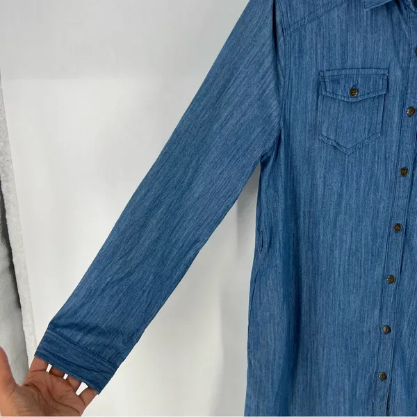 Umgee Blue Chambray Denim Button Front Shirt Dress‎ Long Roll Tab Sleeve Casual - Image 4