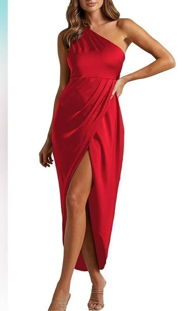 NEW Satin 1 Shoulder Ruched Slit Split Wrap Midi Dress M - Image 3