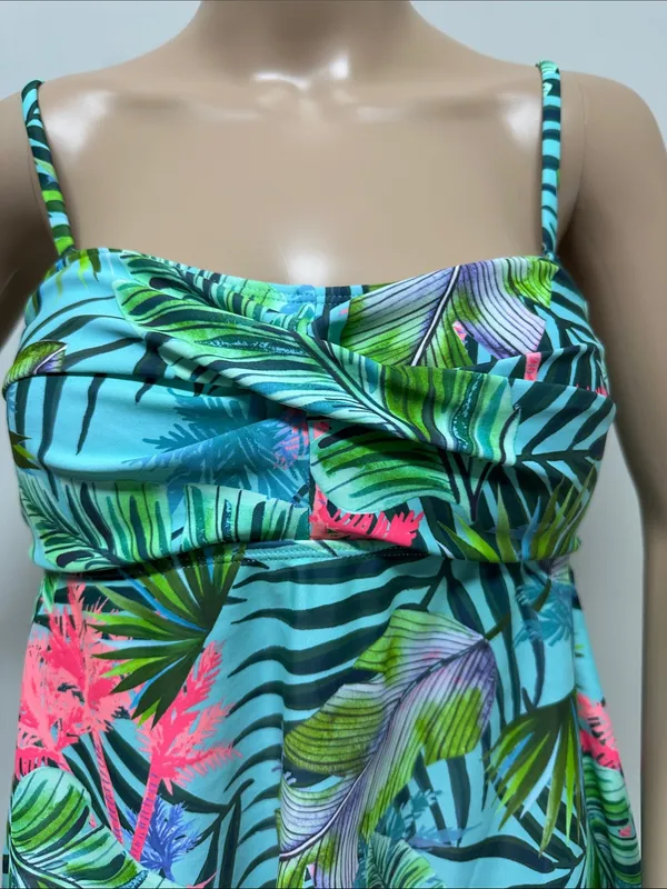 Tropical Palms Aqua Green Bright Pink Bandeau Tankini Top size 8 - Image 3