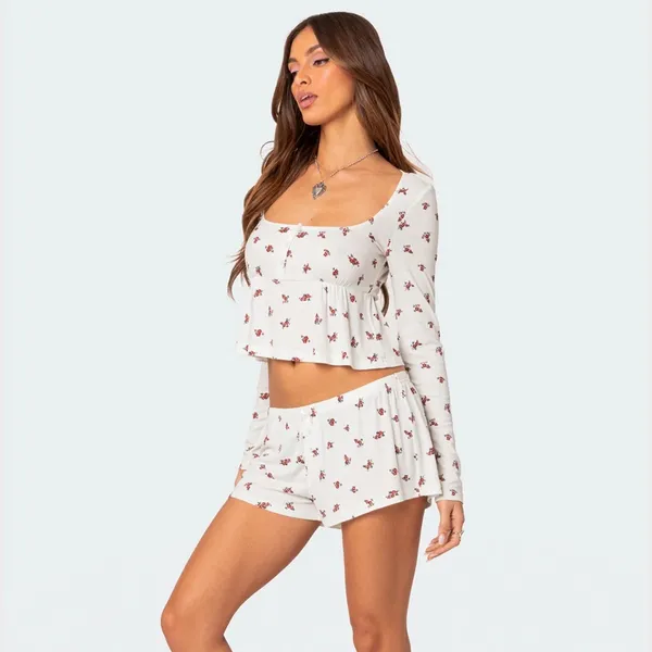 Edikted Floral Babydoll Long Sleeve Top Coquette Ribbed Bow Detail Size Medium - Image 4