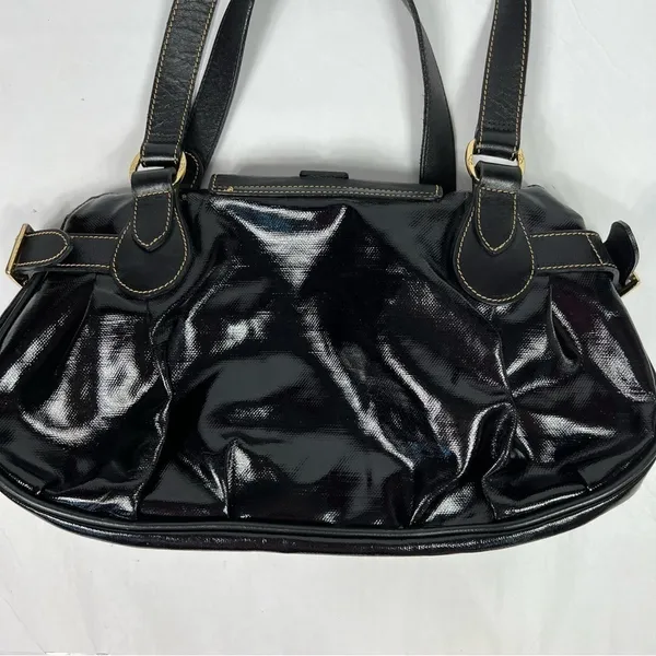Longchamp Black Patent Leather Dual Handle Satchel Shoulder Bag - Image 4