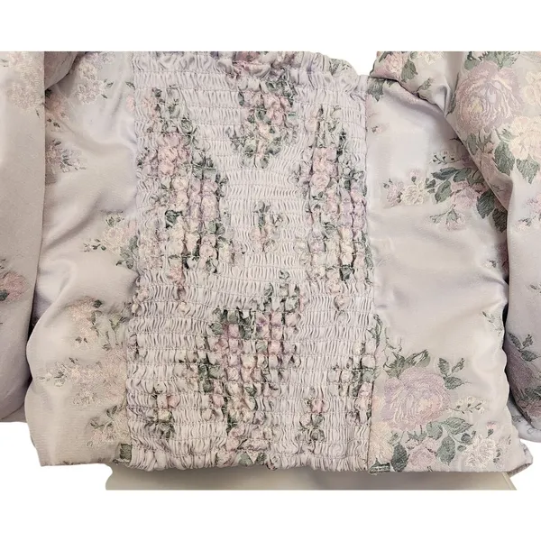 Express Purple Floral Puff Sleeve Ruched Front Chic Blouse Crop Top Size Medium - Image 6