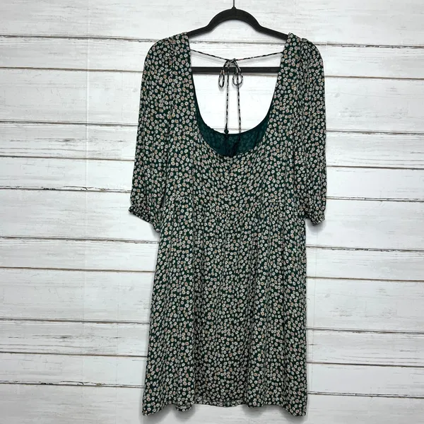 American Eagle Green Floral Babydoll Dress XL Scoop Back Tie Tassels - Image 2