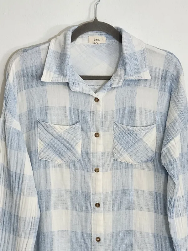 OTT Light Blue and White Check Cotton Gauze Button Down Shirt Size XL - Image 2