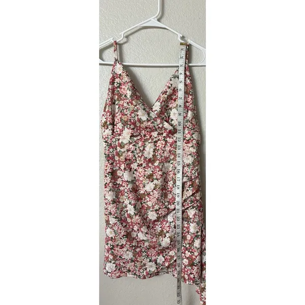 Pink Floral Ruched Mini Sundress Strappy Backless Sweetheart Romantic Sz Medium - Image 11