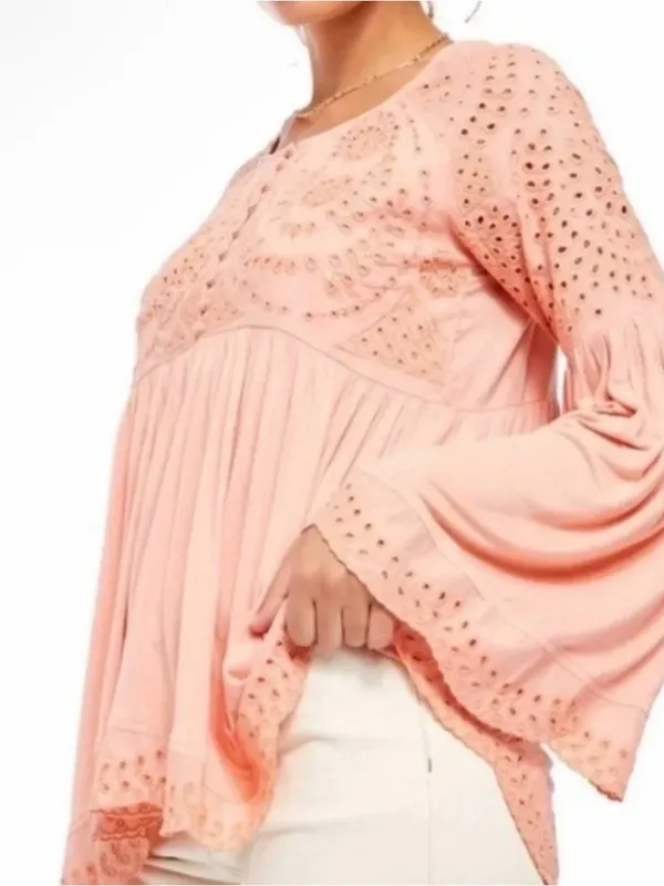 FREE PEOPLE Sea of Love Long Sleeve Blouse - Sun Blush - Image 3