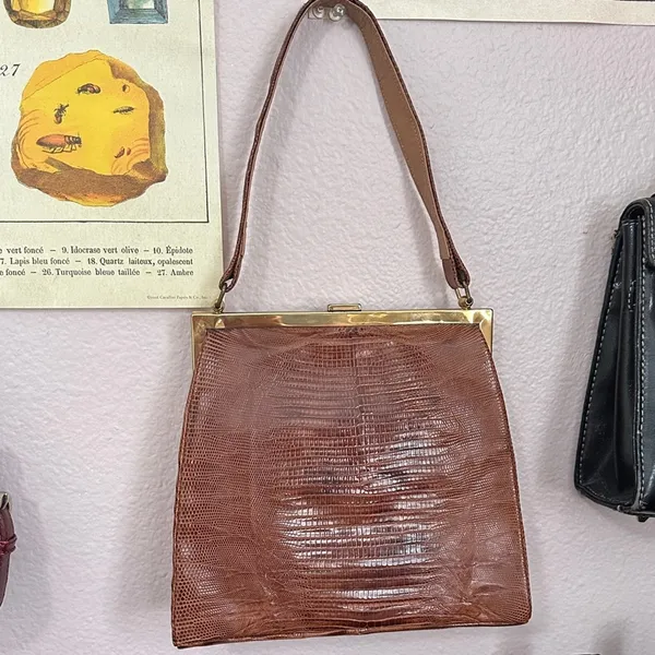 Vintage 50s 60s Bellstone Snakeskin Kisslock Elegant Brown Leather Handbag - Image 2
