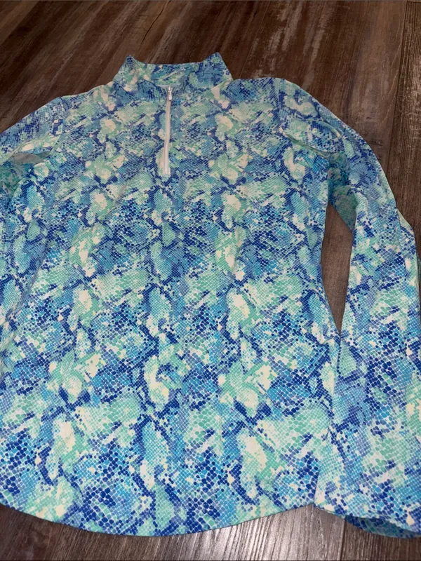 IBKUL Women's Mock Neck Zipper Long Sleeve Top in Cora Jade Blue Size Small - Image 5