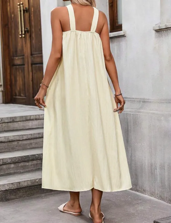 INAWLY Women’s Solid Color Halter Beach Long Dress, Beige - Image 2