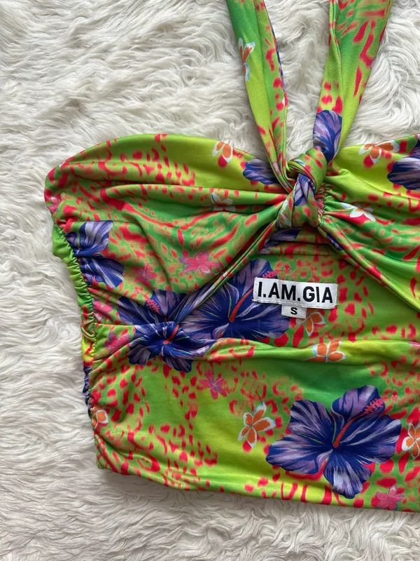 I.AM.GIA Top Isabella Halter Crop Top Cut Out Hibiscus Tropical Hawaiian Sz S - Image 3