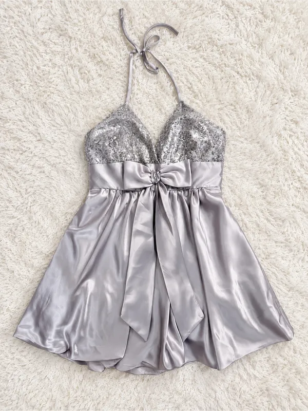 Vintage 90s Y2K F.I.E.S.T.A. Sequin Halter Mini Dress + Shawl – Silver – S - Image 9