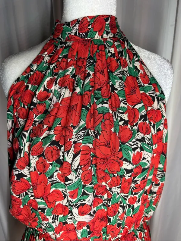 Red Floral Halter Mini Dress with Green Accents - Image 7