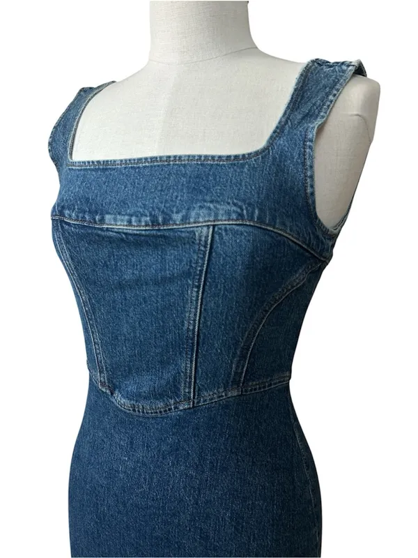 Reformation Davies Bustier Denim Mini Dress in Laguna Size 2 Gently Used Western - Image 4
