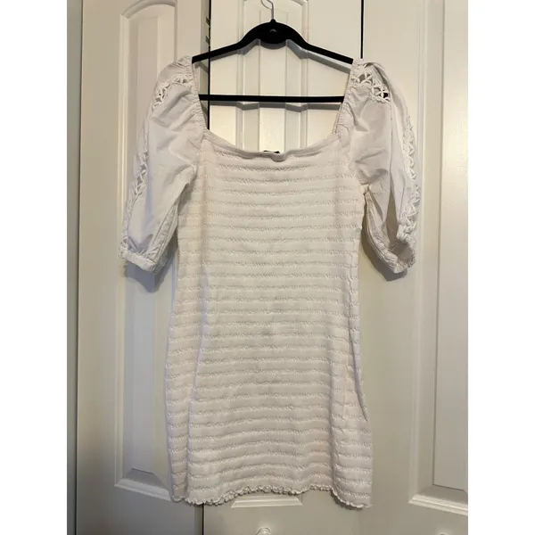 Betsey Johnson Womens White Textured Dress With Lace Puff Sleeves Size‎ L - Image 7