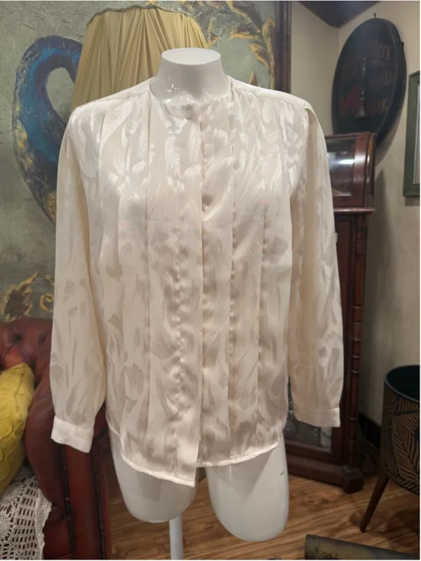 Vintage 80s 90s Axiom Cream Jacquard Pleated Blouse 8P - Image 4