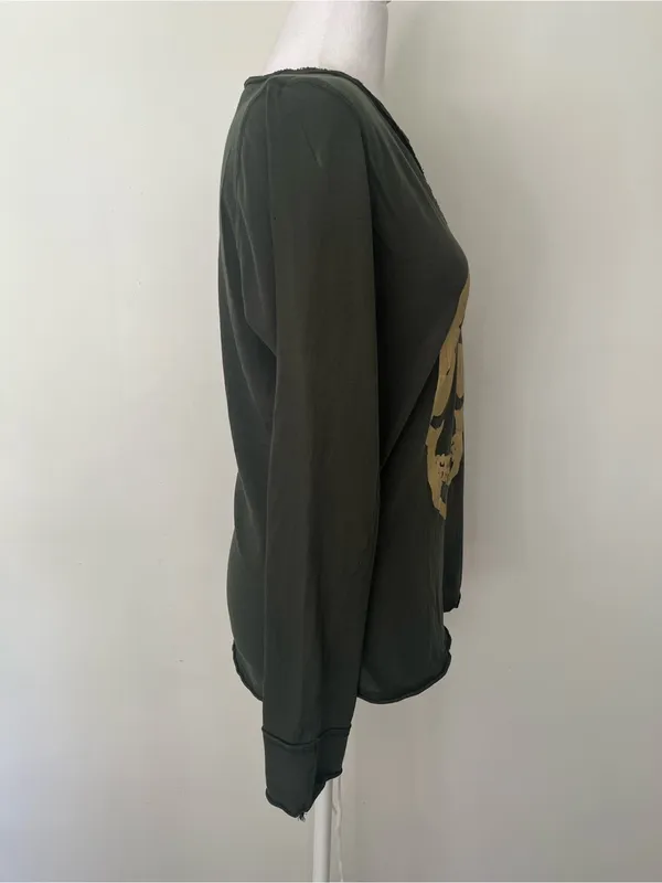 Zadig & Voltaire Olive Green Long Sleeve Tee with Gold Skull Motif - Image 6