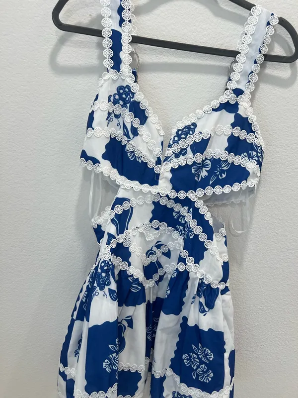 Blue and White Floral Lace Trim Mini Dress by Vintage Shop Size L - Image 6