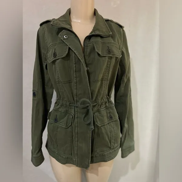 Hollister Jacket Womens M Utility Coat Military Style Green Full Zip Stretch - Image 3