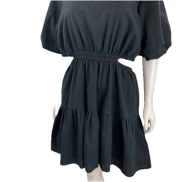 Madewell Seersucker Back Cutout Summer Dress Button Back Puff Sleeve Black‎ L - Image 12