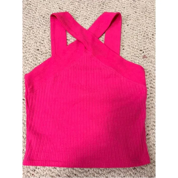 Zara Hot Pink Ribbed Halter Top Criss Cross Neck Sleeveless Knit Tank Small NEW - Image 4