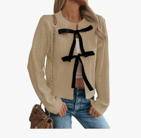NEW Cable Knit Crew Neck Sweater Cardigan Bow Tie Front Long Sleeve M - Image 3