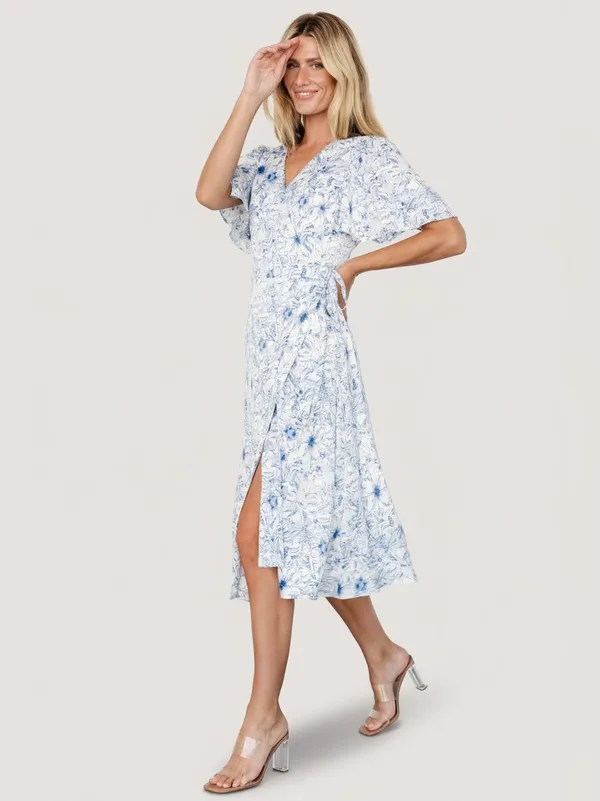 NWT Baltic Born Amelie Midi Wrap Dress Floral Blue and White Print Flowy - Image 13
