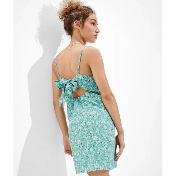 American Eagle Blue Floral Tie Back Mini Dress Size L Square‎ Neck Sundress - Image 2