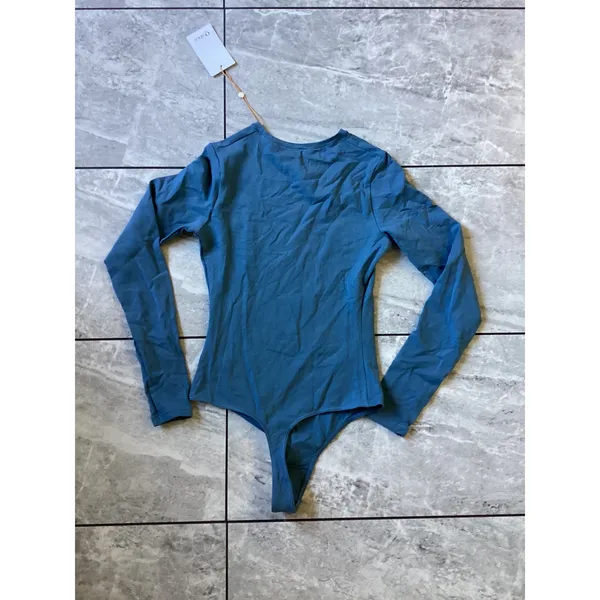 Quince Women Organic Cotton Stretch Long Sleeve Crew Neck Bodysuit Blue XS NEW - Image 5