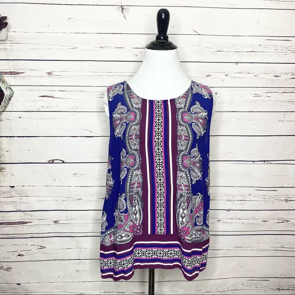 Cynthia Rowley Purple Pink Paisley Sleeveless Button Back Blouse Top Size Large - Image 11