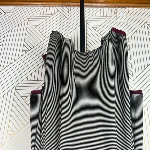 Alembika Tunic Top Blouse 3/4‎ Sleeve Striped Pullover Black Tan Size 2 US 8 10 - Image 10