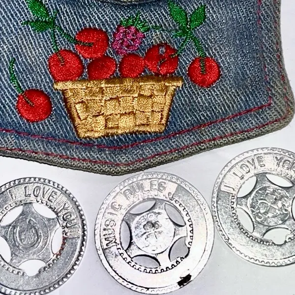 Vintage denim cherry basket coin purse • button pouch • with lucky coins - Image 4