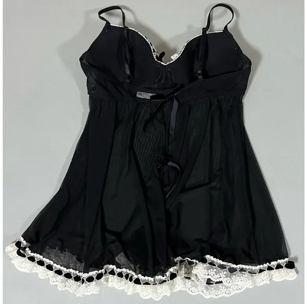 Jezebel Black White Ruffle Lace Sheer Babydoll Nightie Lingerie Nightgown Dress Size S 🖤 - Image 4
