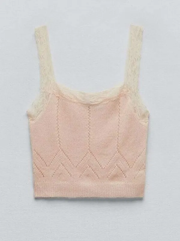NWT Zara Pointelle Knit Lace Trim Crop Tank - Image 2