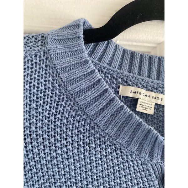 American‎ Eagle Henley Sweater Womens Blue Chunky Waffle Knit Cotton Size XS - Image 2