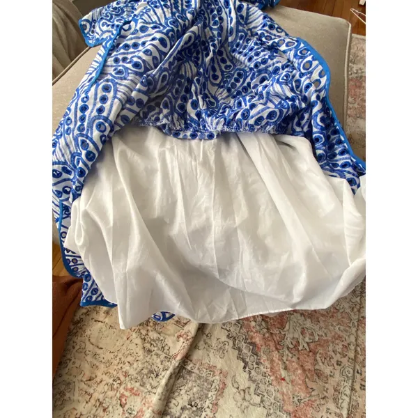 Daphne Lo Blue White Embroidered Off-Shoulder Ruffle Maxi Dress Tiered Cotton L - Image 6