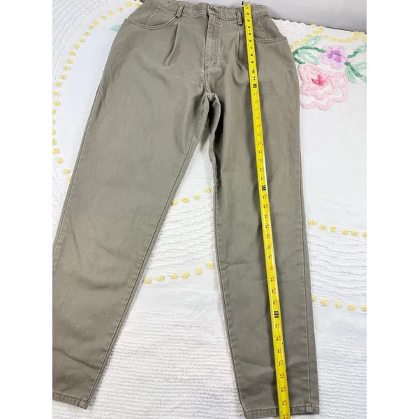 LL Bean Vintage Womens Size 14 High Waist Pleated Tapered Leg Jeans Khaki‎ - Image 4