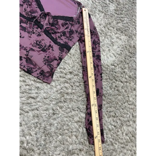 Derek Heart Y2K Purple Mesh Floral Lace Trim Long Sleeve Crop Top Grunge Blouse Women’s M - Image 11