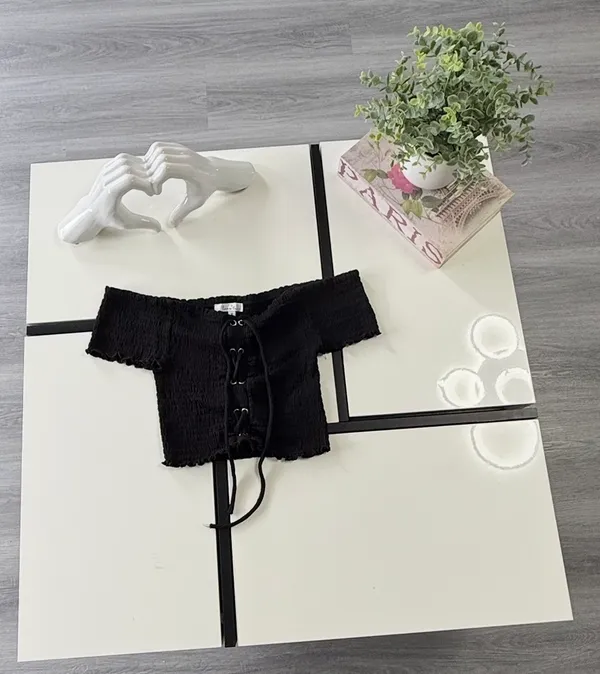 Love Tree Black Smocked Off-the-Shoulder Lace-Up Crop Top - Size M - Image 3