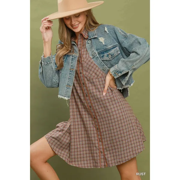 Umgee Plaid Button Down Oversized Shirt Dress - Rust - Medium - Image 4