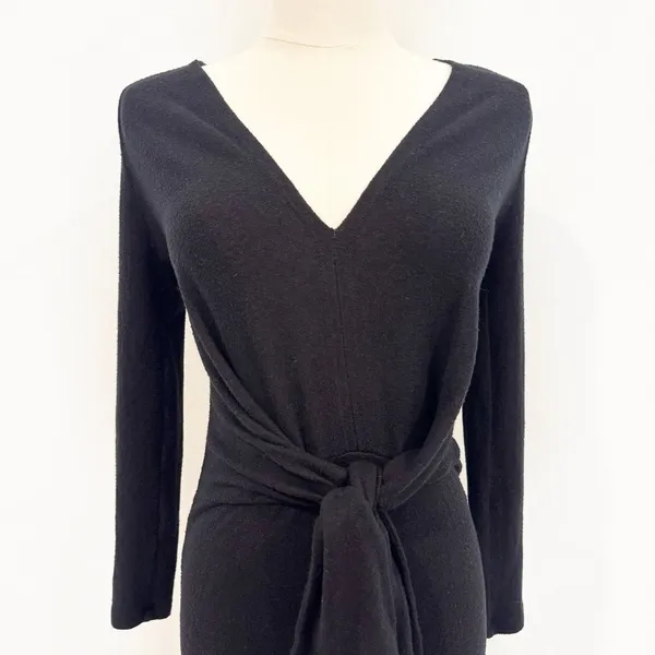 Free People Ginger Dress Size XS Black Cozy Knit Tie Waist‎ V Neck Mini Bodycon - Image 3