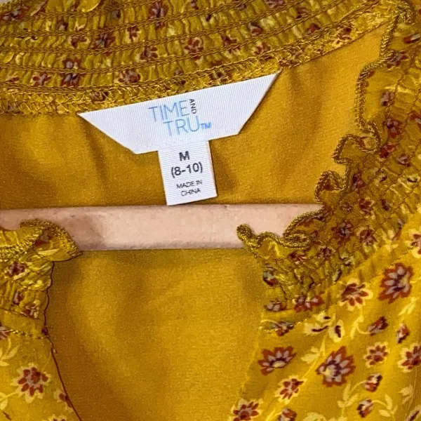 NWT‎ Time & Tru Mustard Yellow Floral Midi Dress Smocked Waist Long Sleeve Dress - Image 6