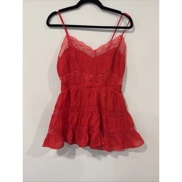 Free People Selia Slip Racing Red V Neck Tiered Lace Straps Size Small 2465 - Image 4