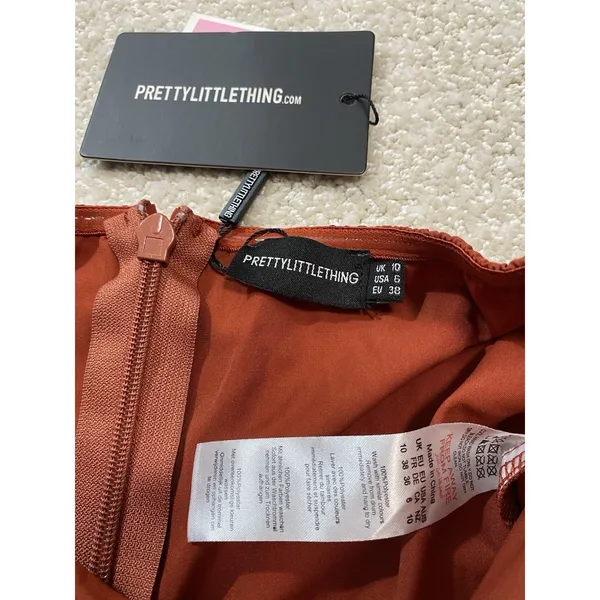 PRETTYLITTLETHING Rust Satin Strapless Ruched Side Slit Midi Dress Size 6 - Image 13