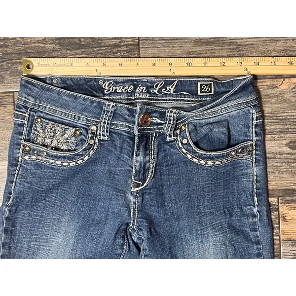 Grace in LA Jeans Size 5/26 TALL Bootcut Embellished Denim Bling Y2K Western‎ - Image 8